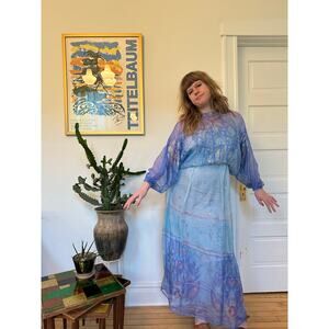 1970s 70s vintage silk gauze maxi dress gown blue silver batwing 2 piece set s